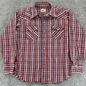 Vintage Big Mac JCPenney Shirt Mens L Red Blue Tan Plaid Flannel Pearl Snap 90s